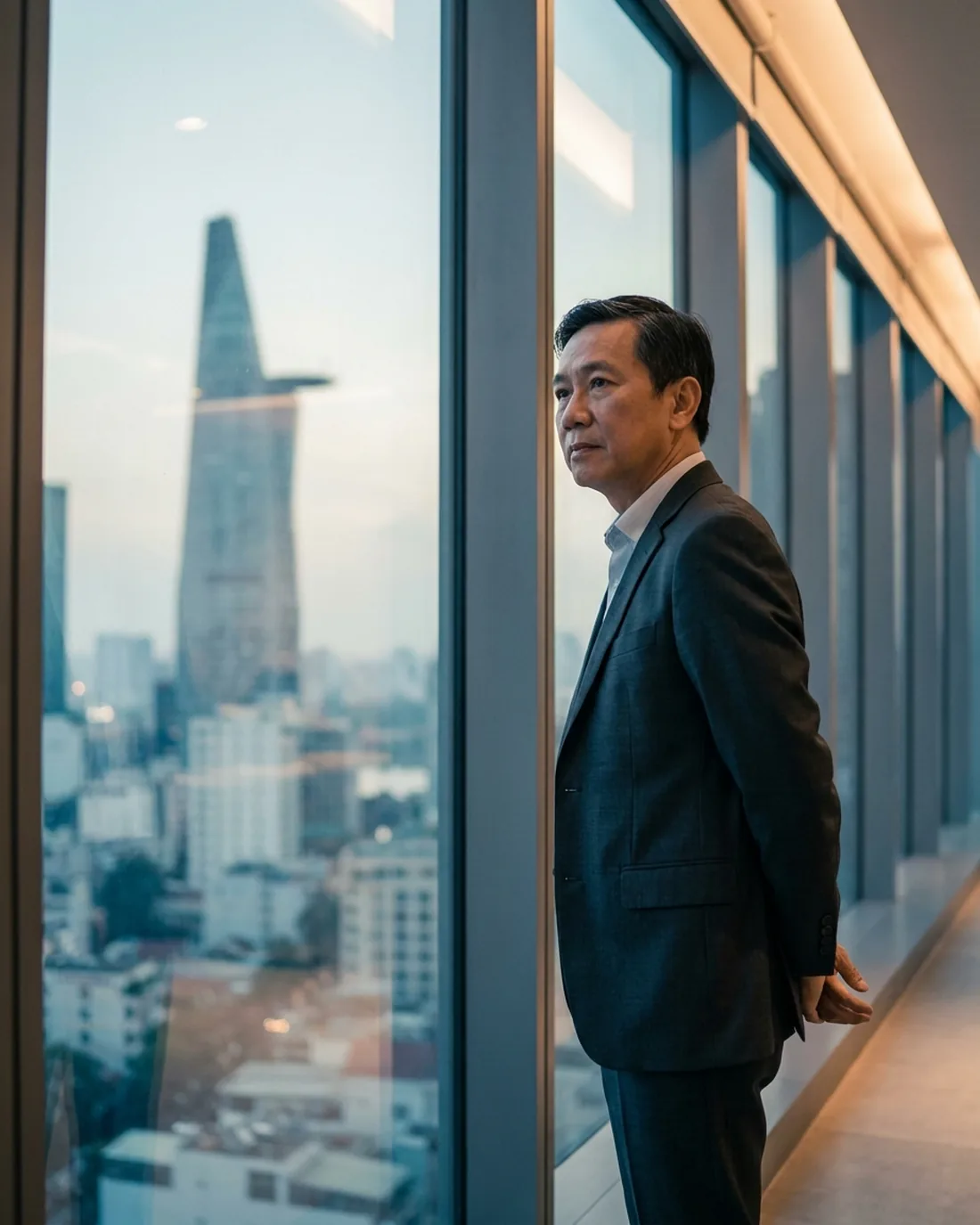 A senior executive standing composed by a window in a quiet office above the city